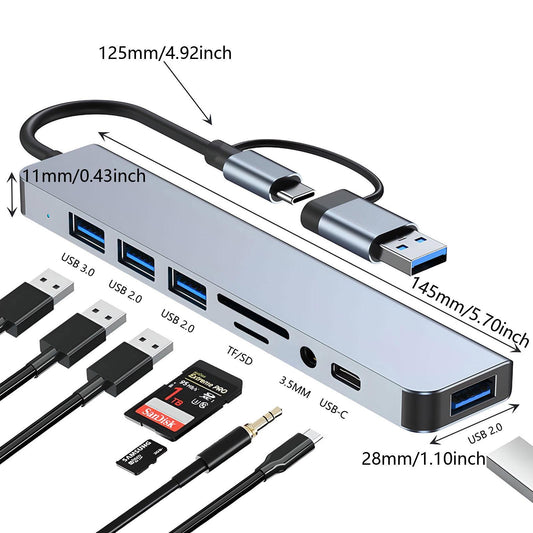Portable 8 Ports USB Hub, USB 3.0/2.0/Micro SD/TF Card Reader, Multifunctional Universal Adapter for Laptop, MacBook Pro, iPad And Other USB-C Devices