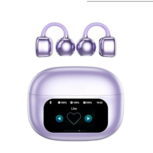 Clip On Ear Headphones with LCD Full Color Touch Screen, Audio Wireless Headphones for Music & Phone Calls